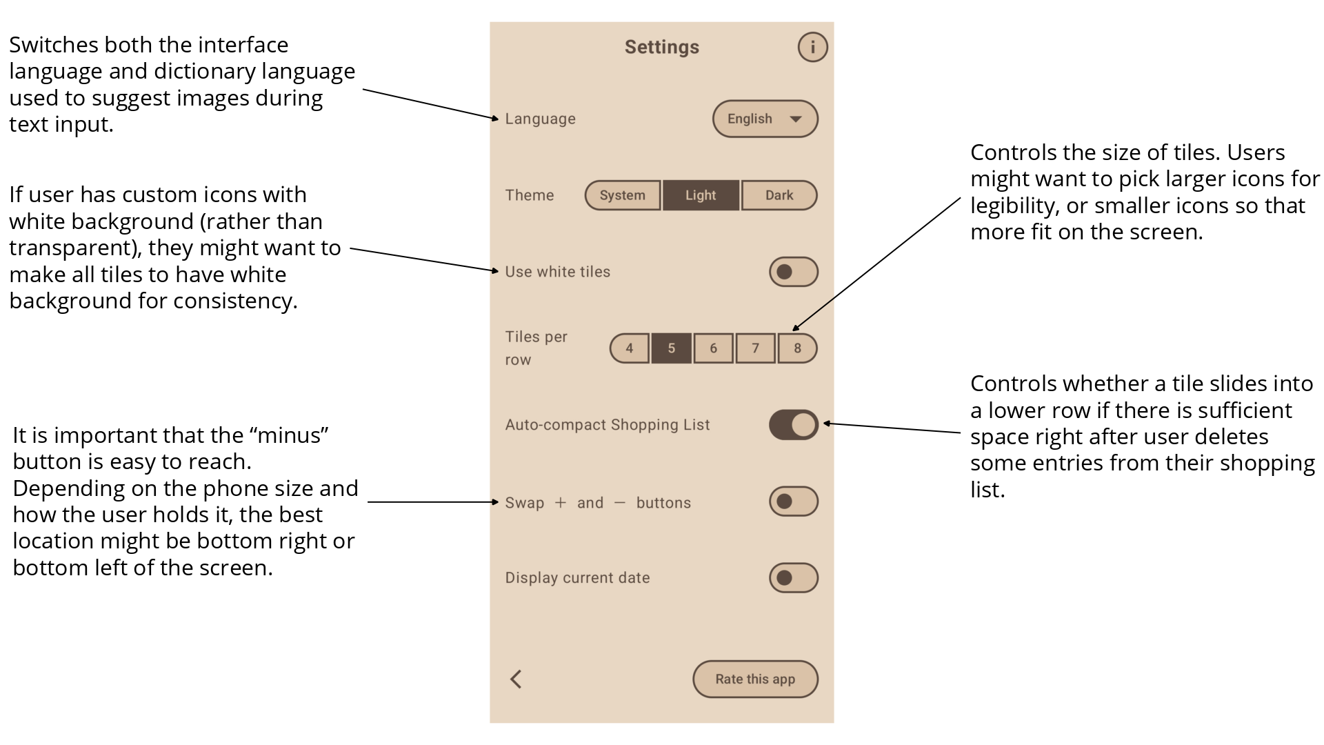 screenshot of the settings screen